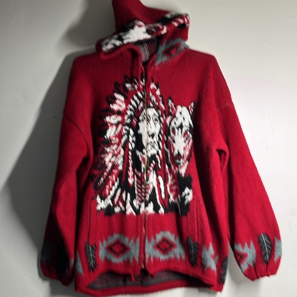 Ruminahui Wool Jacket Sweater Red/Black Native American Wolf - Picture 3 of 8